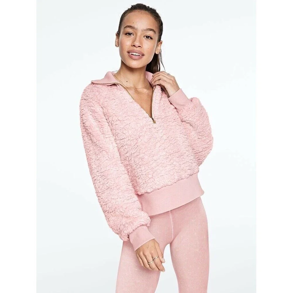 VS VICTORIAS SECRET PINK SHERPA HALF ZIP SWEATER JACKET TOP CHALK ROSE L